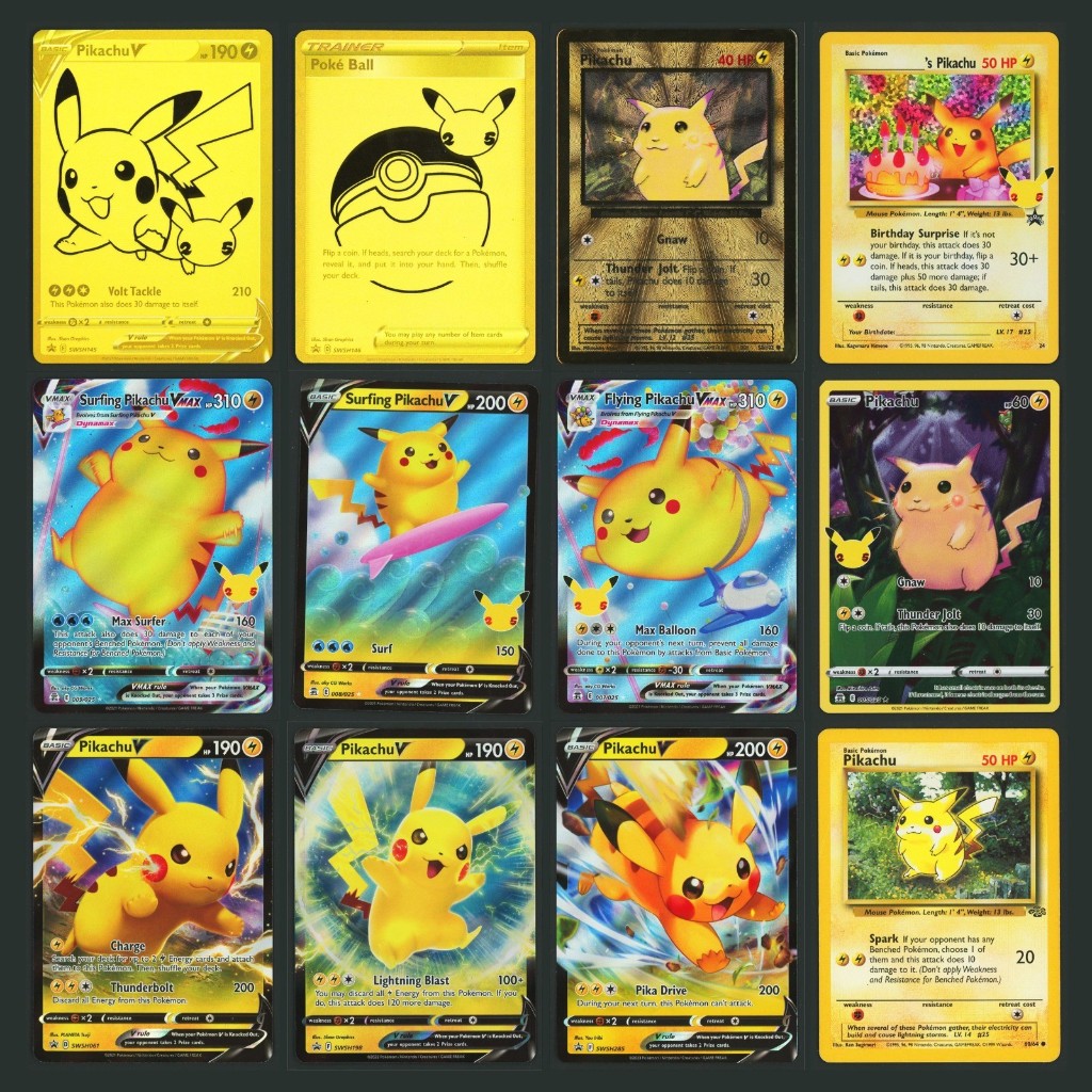 Paul Carl Cards eBay lot listing photo showing a grid of twelve Pikachu Pokemon cards on a clean dark background